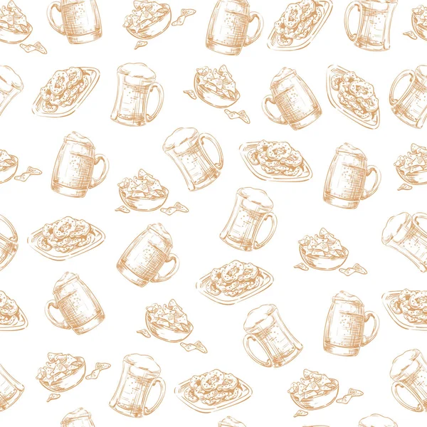 Motif sans couture, dessin à la main croquis graphique avec Snacks, bière dans un verre, tasse, tasse et pot. Applicable pour les affiches, affiches, dépliants et dessins de bannières Oktoberfest. Vecteur de couleurs marron, sépia — Image vectorielle