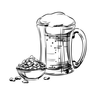 Bira cam kupa ve Snack, fıstık fındık. El çizimi bira zanaat bira için. Oktoberfest Festival resim tasarım menü Restoran, pub, bistro, snack bar, posterlerini açmaları, afiş. Vektör çizimi
