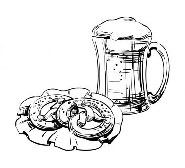 Bira cam kupa ve çubuk kraker Snack, ekmek. El çizimi bira zanaat bira için. Oktoberfest Festival resim tasarım menü Restoran, pub, bistro, snack bar, posterlerini açmaları, afiş. Vektör çizimi