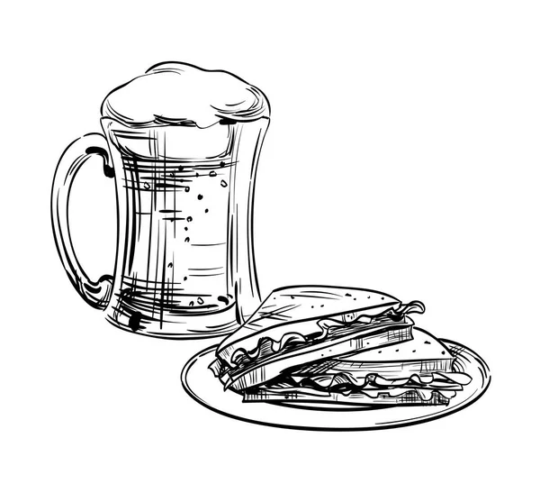 Birra in una tazza di vetro e snack, panino. Disegno a mano per birrificio, birreria artigianale. Oktoberfest Festival Immagine per menu di design il ristorante, pub, bistrot, snack bar, cartelli, striscioni. Schizzo vettoriale — Vettoriale Stock