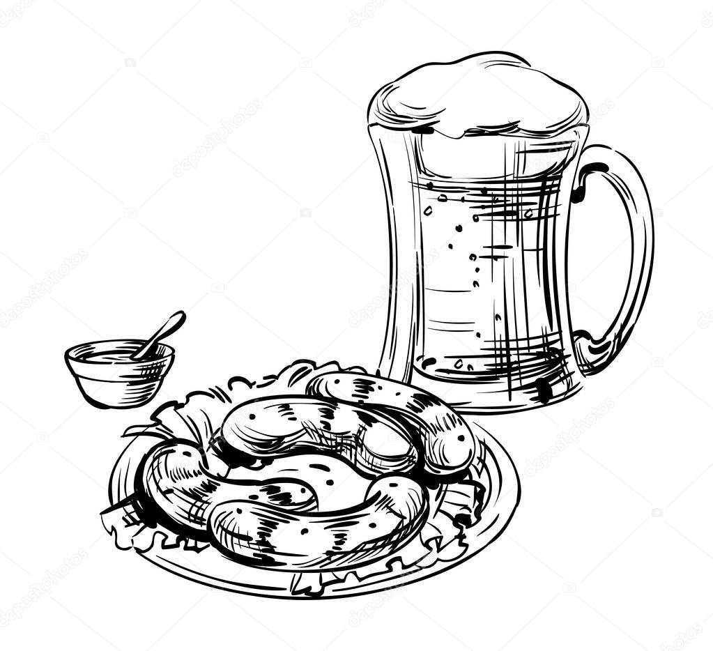 Beer glass, mug and Snack, frankfurter, Grilled Sausages. Hand drawing for Brewery, beer craft. Oktoberfest Festival Image for design menu the restaurant, pub, bistro, placards, banners. Vector sketch