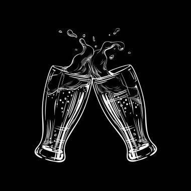 Kadeh bira köpük bir sıçrama ile iki bardak bira tıklatması. Festival, bira, afiş tasarım menü restoranlar, barlar, barlar, posterler için ne çizilmiş örnek ver. Beyaz Siyah, vektör 