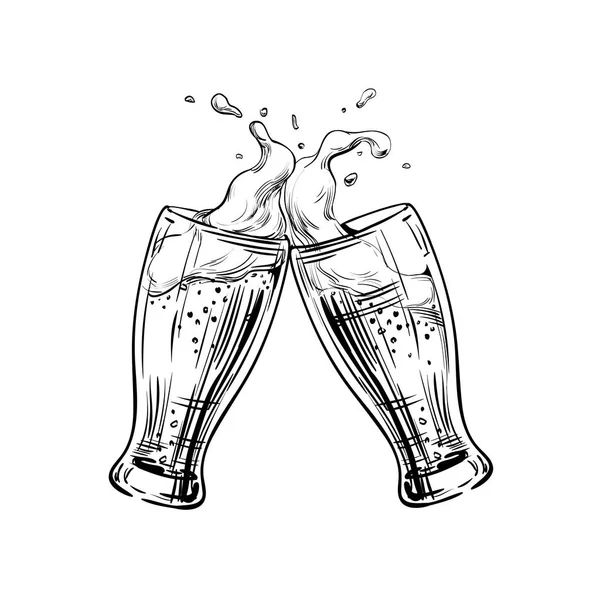 Dua gelas bir denting pada roti panggang dengan percikan busa bir. Ilustrasi gambar tangan untuk restoran menu desain, pub, bar, poster untuk Festival, Oktoberfest, pembuatan bir, spanduk. Sketsa vektor - Stok Vektor