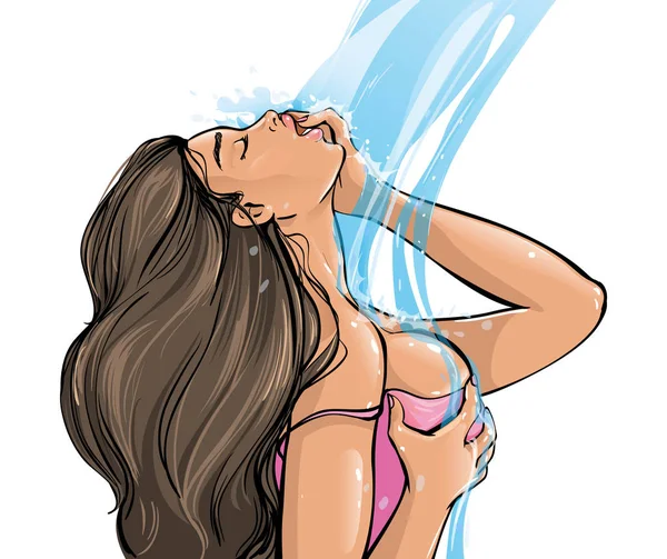 Young Sexy Passionate Woman stands under the stream of Water in the Shower or a Waterfall, Excitedly, with Desire stroking herself and squeezing her breasts, Parted Lips. Erotic Vector illustration — Stockvector