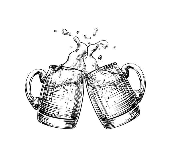 Две кружки пива звонят на тост с брызгами пивной пены. Ручная иллюстрация для дизайнерского меню ресторанов, пабов, баров, плакатов к фестивалю, Октоберфеста, пивоварни, баннеров. Векторный эскиз — стоковый вектор