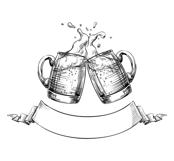Dwa kubki, szklanki piwa brzęk w Toast z odrobiną piany piwnej, wstążki do tekstu poniżej. Ilustracja do projektowania menu restauracji, pubów, browar, plakaty festiwalu, Oktoberfest, banery. Na białym tle wektor, szkic — Wektor stockowy
