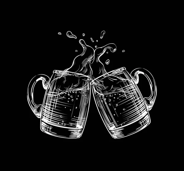Två muggar, Glasögon av öl klirr på en toast med en skvätt öl skum. Handen ritade illustration för design meny restaurang, pub, bar, affischer för Festival, bryggeri, banners. Vitt på svart, vektor — Stock vektor