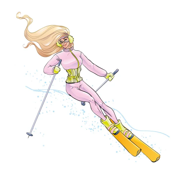 Спускается спортсменка-лыжница, катается по снежному склону горы на лыжах. Олимпийский экстремальный спорт. Зимний отдых, в холодное время года, новогодние каникулы, изолированный вектор — стоковый вектор