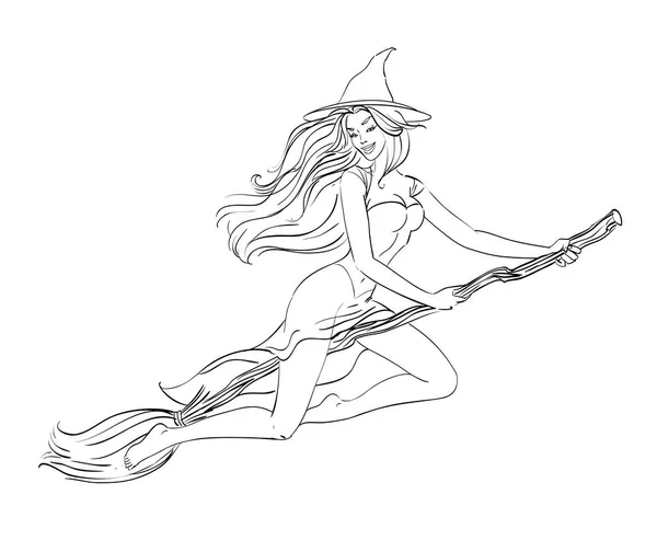 A sexual witch flies on a broomstick. Girl in a Christmas Spellbound Witch Costume, sign Happy Halloween party, All Saints' Eve. Sorceress for the cards, posters, coloring book. Vector Black lines — Stock Vector