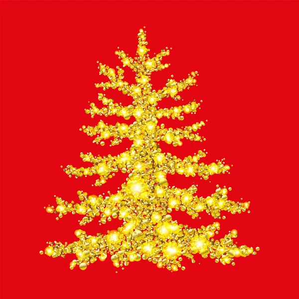 Weihnachtsbaum aus verstreuten Goldflecken in verschiedenen Formen mit Glitzern, Funkeln und Glühen. Neujahrssymbol auf rotem Hintergrund festlich glamouröse Illustration für Grußkarte, Banner. Vektor — Stockvektor