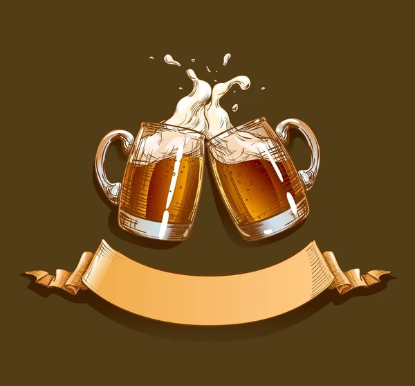 Duas canecas de cerveja escura apertam um brinde com uma pitada de espuma de cerveja. Modelo de design com fita para texto aplicável para restaurante menu, pub, bar, Oktoberfest banner, cervejaria artesanal, cerveja. Vetor — Vetor de Stock