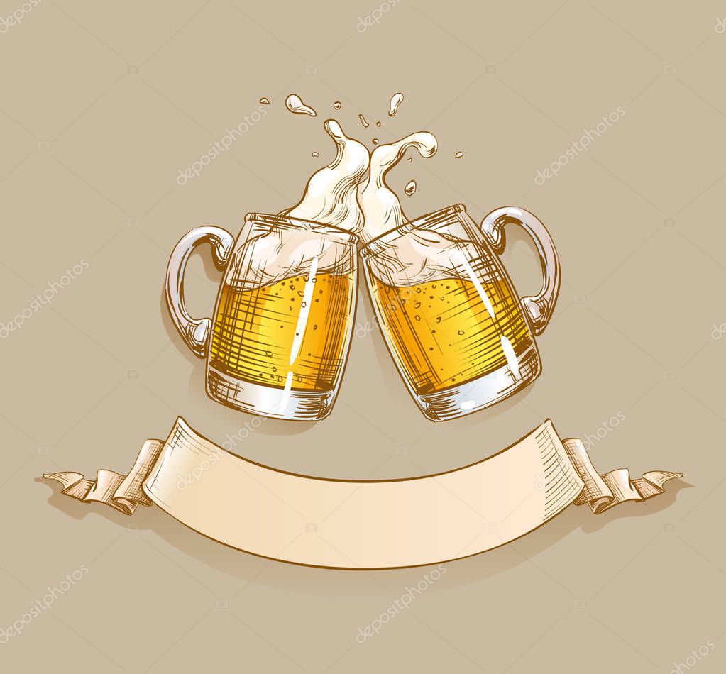 Vettoriale stockDue tazze di birra strizzano l'occhio a un brindisi con un  goccio di schiuma di birra. Modello di design con nastro per il testo  applicabile per ristorante menu, pub, bar, poster,, image size:1023x950