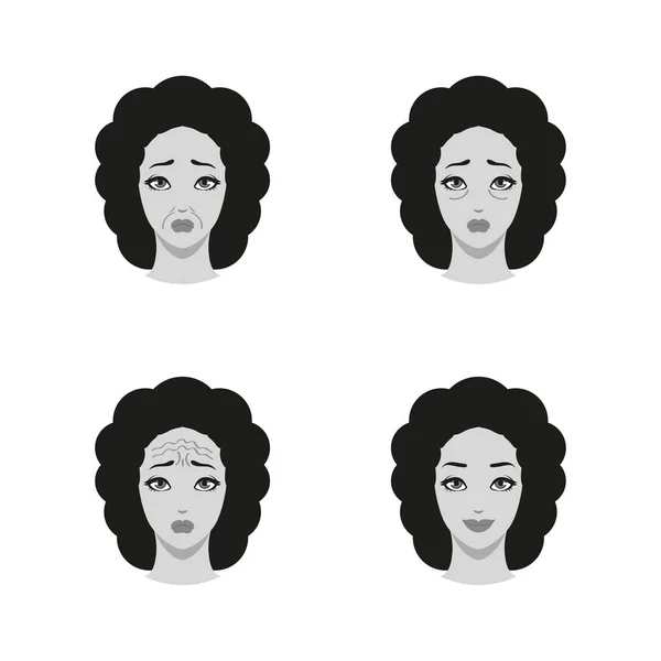 Icone Set di donne mature faccia con diversi tipi di rughe prima e dopo la procedura cosmetica. Chirurgia plastica, Cura della pelle, Cosmetologia, concetto di trattamento facciale. Vettore isolato bianco e nero — Vettoriale Stock