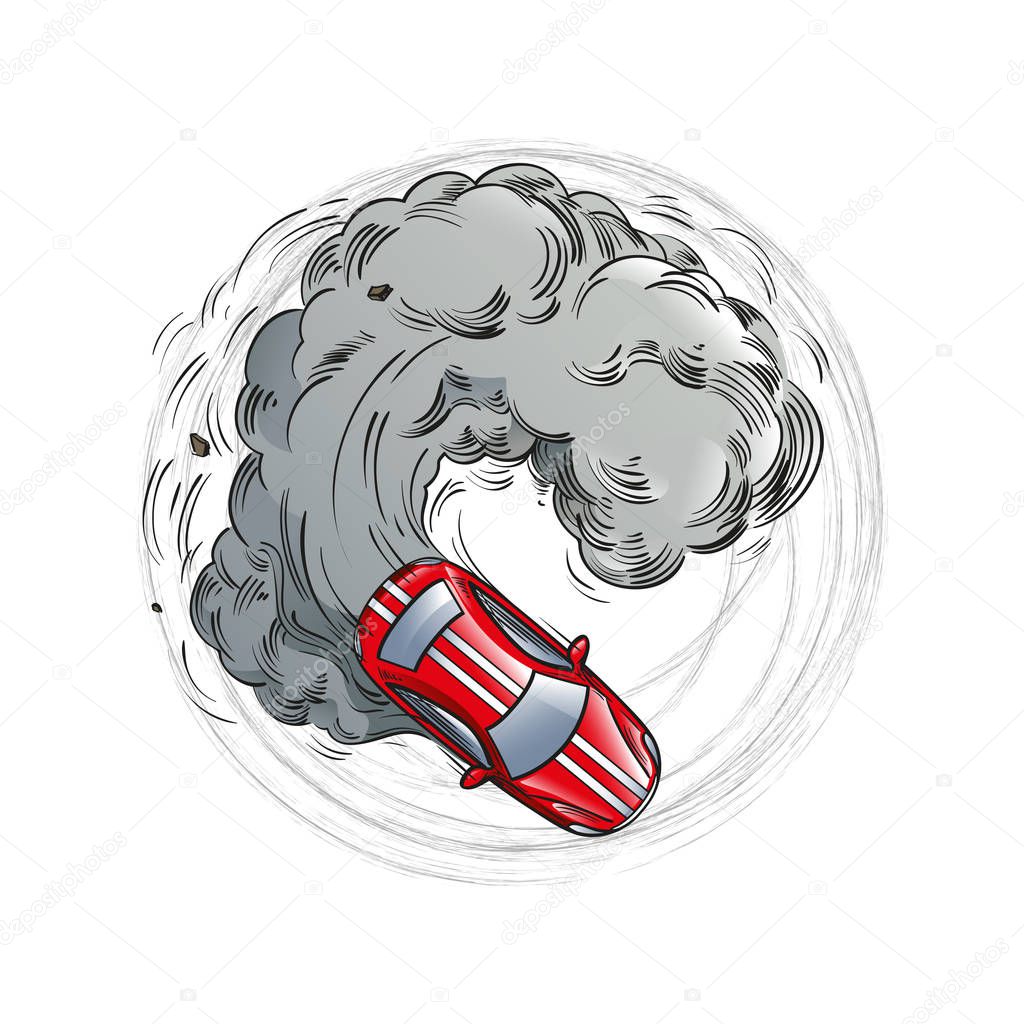 High speed red car in a drift, with smoke from under the wheels, enters a sharp turn leaving a trace from the tire tread. Extreme sport concept. Drifting race auto. Isolated vector illustration 
