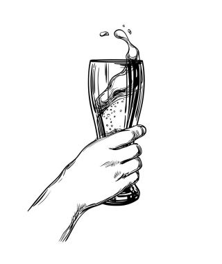 Elini bir cam, bir bardak bira bira bir köpük sıçrama ile. El hareketi tost, Festival dinamik illüstrasyon, çizilmiş kroki menü çubuğu, Restoran, pub, Oktoberfest. İzole vektör