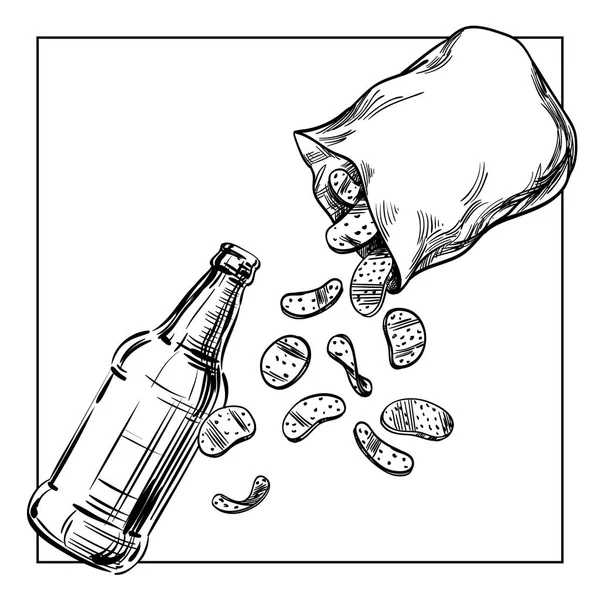 从一瓶啤酒和零食 从顶部打开包装的筹码 手绘素描 菜单的餐厅 酒吧的模板 孤立向量 — 图库矢量图片