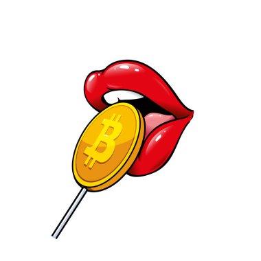 Kadın yalıyor karamel, Bitcoin sembolü şeker. Açık ağız, ıslak seksi kırmızı kabarık dudaklar. Blockchain, şifreleme, dijital para kavramı, logo, afiş, Web, makaleler için simge T-shirt, posterler. İzole vektör