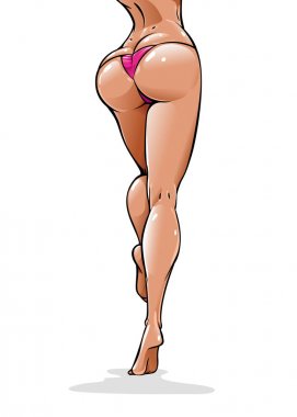 Atletik bir rakam ve güzel bir ganimet, bacaklar ile seksi kız. Bir bikini bir ıslak tabaklanmış deri ile tutkulu kadın arkadan, onun kalça, kalça sallama Sahilde yürüyüş resmedilir. Vektör