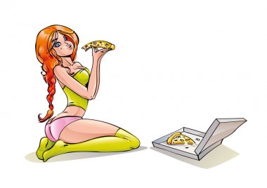 Komik kırmızı saçlı kız iştahla çiğniyor, bir parça peynir bir paketten bir İtalyan restoranı teslim ile pişirme onun elinde tutan pizza yiyor. Kadın çizilen çizgi film karakteri. Vektör