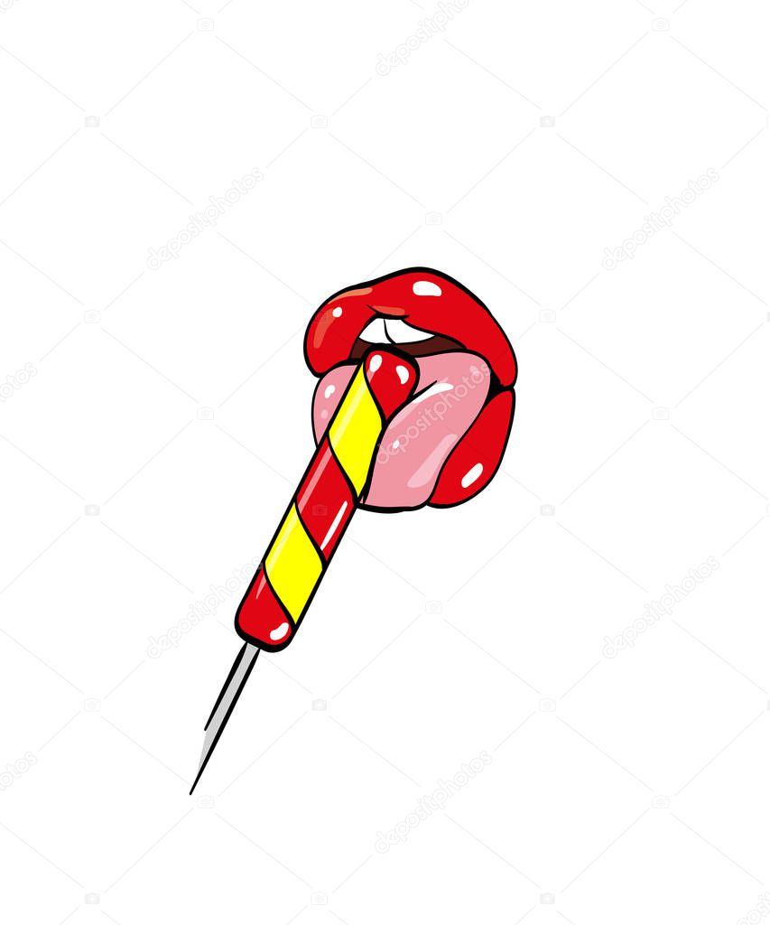 Open Female sexy mouth with plump wet lips in red lipstick licks tongue red-white lollipop. Part of the face close-up. Erotic Sketch in a comic style for textile, greeting card, poster. Vector