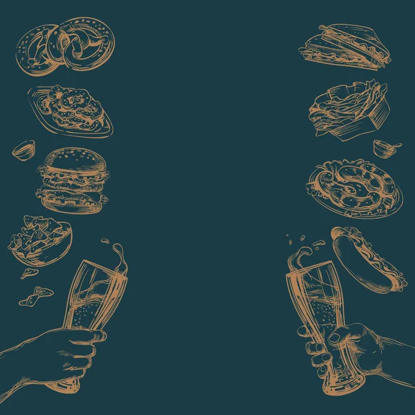 Дві Склянки Пива Руках Пінистою Сплескою Закуски Їжа Гамбургер Хот — стоковий вектор