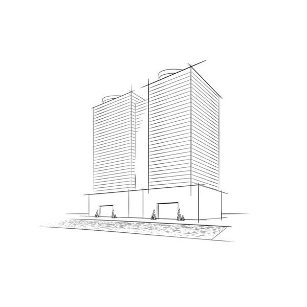 スイミングプール付きのモダンな高級アパートの建物のファサード 不動産ロゴ スカイライン スクレーパー概念的に描かれた外観 ホテルの複雑な 建築の複数階建ての建物のベクトルアイコンのスケッチ — ストックベクタ