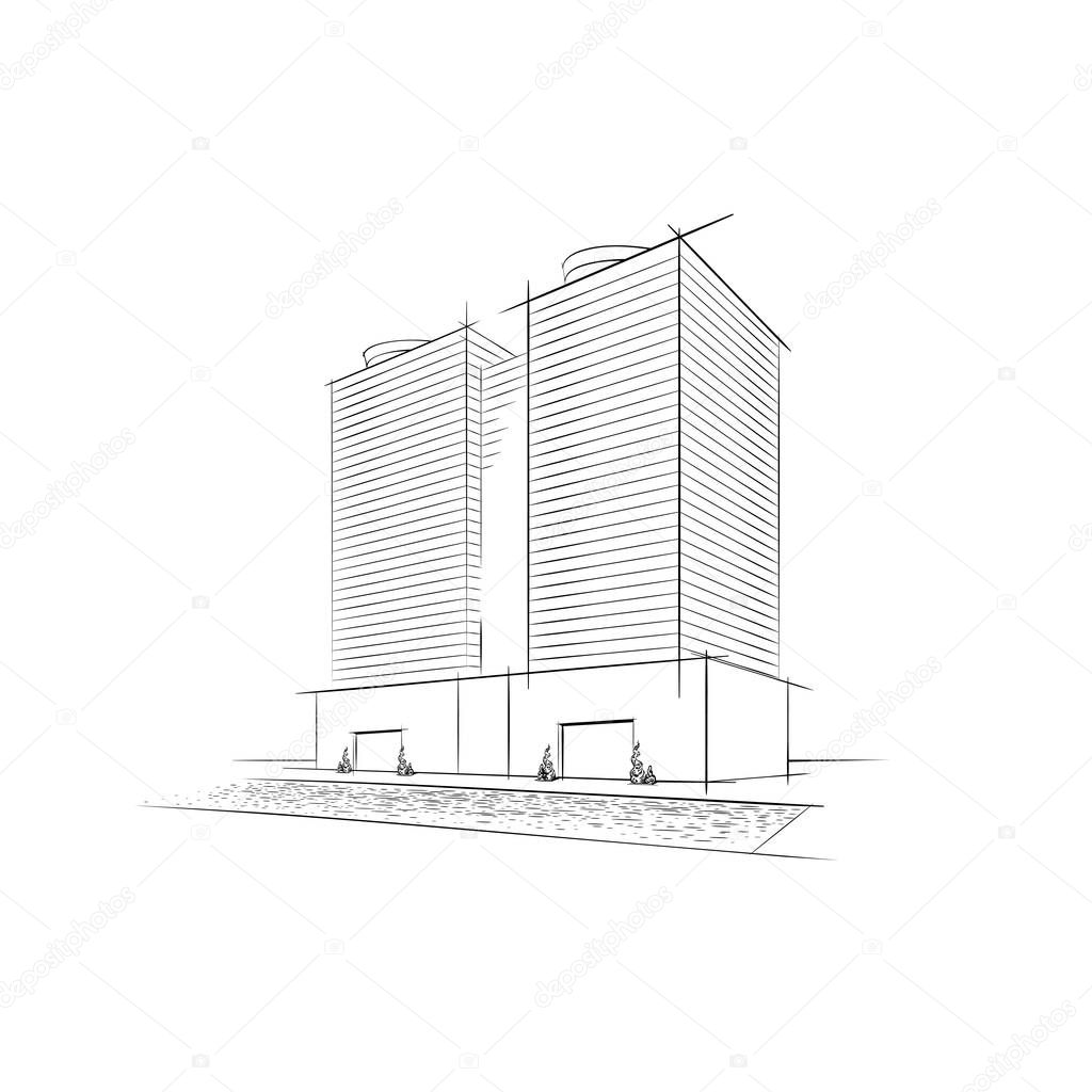 Facade of a modern Luxury apartment building with swimming pool. Real estate logo. Skyscraper Exterior drawn conceptually by lines. Hotel complex, architectural multistorey building vector icon sketch