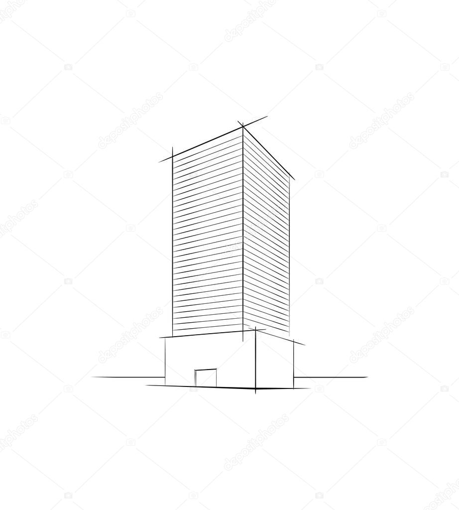 Facade of a modern Luxury apartment building. Real estate logo. Skyscraper Exterior drawn conceptually by lines. Hotel complex, architectural multistorey office building vector sketch. Isolated icon 