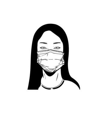 Asyalı kadın portresi, hava hastalıklarını ve virüsleri koruyan tıbbi bir yüz maskesi. Ölümcül bir virüsün grip salgınını önlemek için, Coronavirus. Hava kirliliğine karşı savunma. Vektör