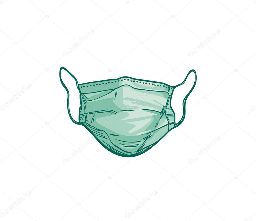 Surgical, Medical Face Mask that protects airborne diseases, viruses. For the prevention of the influenza epidemic of a deadly strain, Coronavirus. Defence from air pollution. Hand drawn vector sketch
