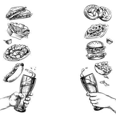 Şerefe bira bardakları tokuşturarak. Atıştırmalık ve yiyecek. Köpüklü malt içeceği. Hamburger, sosisli sandviç, patates kızartması, simit, sosis, kalamar halkaları. Bar, bar, restoran menüsü şablonu. Vektör