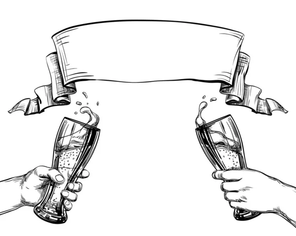 Клінкінг Вітає Пивні Окуляри Руках Пінистою Сплескою Вигнута Аркадна Широка — стоковий вектор