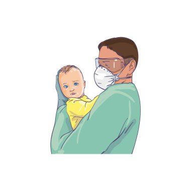 Mikroplardan, virüslerden ve tıbbi maskeden koruyucu kıyafetli bir adam kucağında bir bebek tutuyor. Solunum cihazına bağlı doktor, Coronavirus enfeksiyonuna karşı koruma ve bir çocuk. Baba ve oğul. Vektör 
