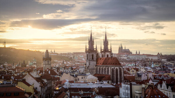 Prague, Czech Republic - March 20, 2017: Panoramic view of the historic city centre during sunset as seen from the Powder Tower