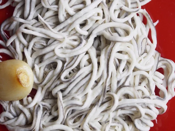 Anguilas bebé con ajo en plato rojo —  Fotos de Stock