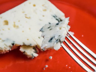 Kırmızı arkaplanda mavi peynir