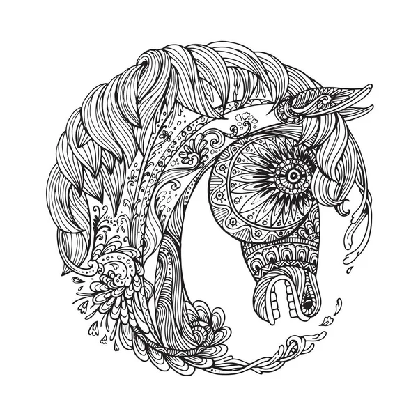 Cabeza Caballo Tatuaje Ornamental Dibujada Mano Abstracto Altamente Detallado Aislado — Vector de stock