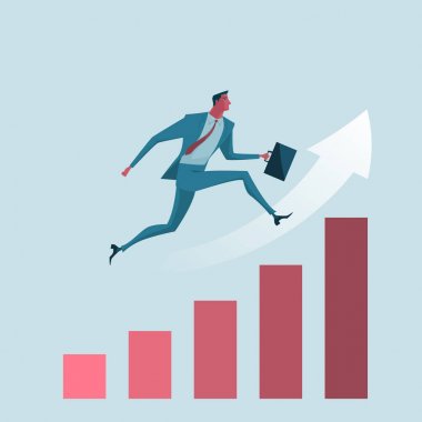 Grafik üzerinde atlama iş adamı. metafor veya sembol strateji sıkıntı üstesinden ve liderlik başarısı kurumsal çözümler bulmak. Vektör çizim düz stil.
