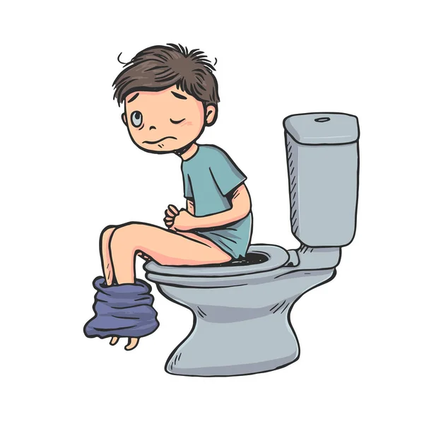 Hand Drawn Boy Sitting Toilet Shit Expression Awkward Vector Illustration — Stock Vector