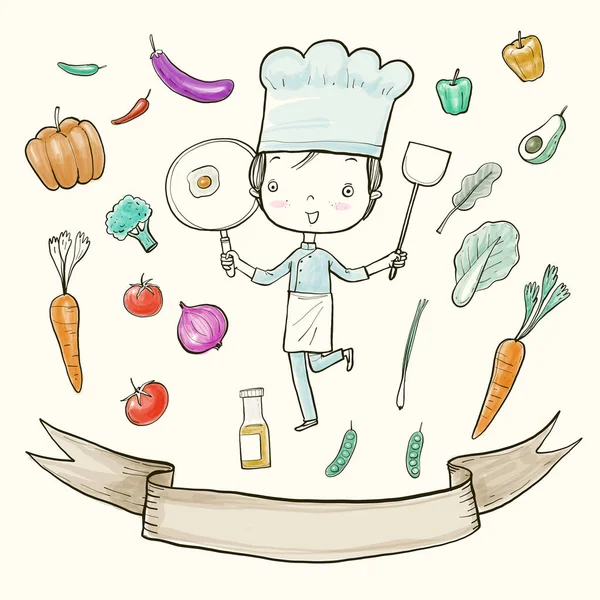 Cuisinier Drôle Isolé Sur Blanc Doodle Dessiné Main Illustration Vectorielle — Image vectorielle