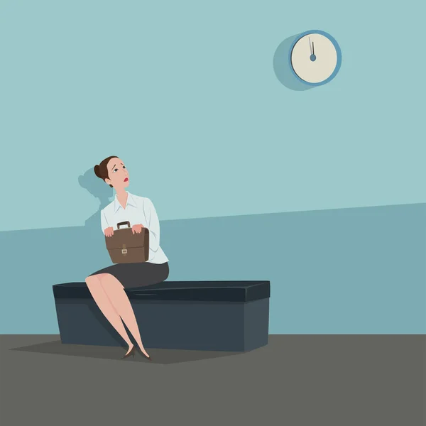 Jeune Femme Assise Sur Chaise Regardant Horloge Attendant Quelqu — Image vectorielle