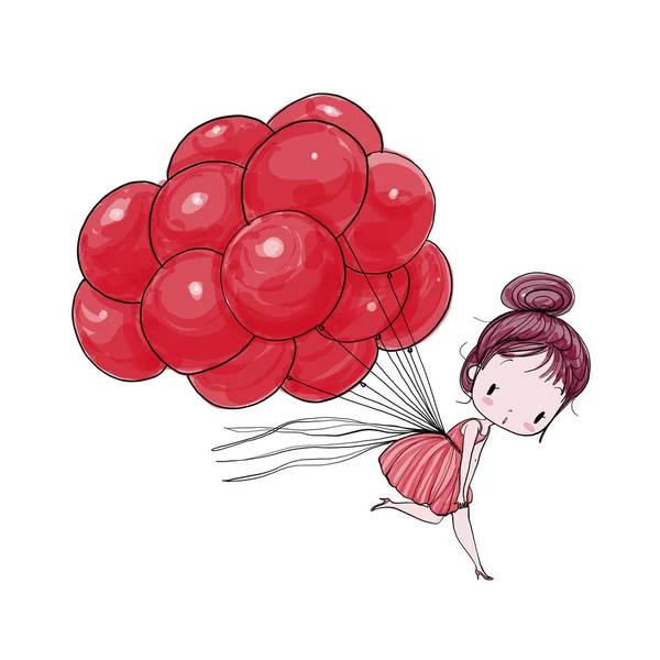 Nettes Mädchen Das Auf Luftballons Vor Dem Hintergrund Eines Weißen — Stockvektor