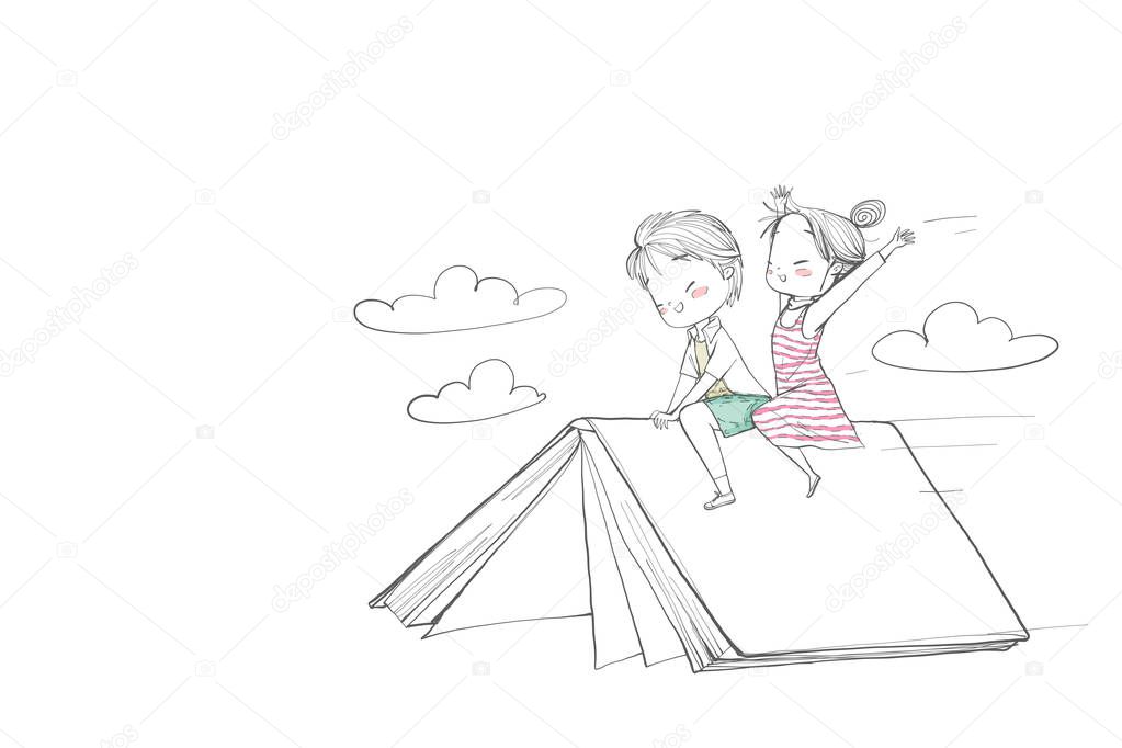 Cute childrens boy and girl riding a book. They are flying above the sky laugh and happy. Vector Illustration hand drawn.