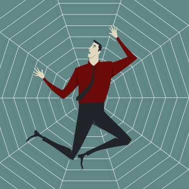 İş kavramı umutsuz, adam örümcek ağı üzerinde sıkışmış. Vektör çizim düz stil.