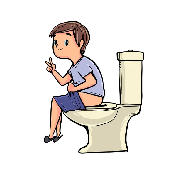 Ragazzo Siede Sulla Toilette Mattino Illustrazione Vettoriale Disegnato Mano Stile — Vettoriale Stock