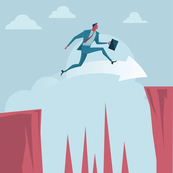Businessman Jumping Cliffs Metaphor Symbol Overcoming Adversity Strategy Finding Leadership — Stock Vector