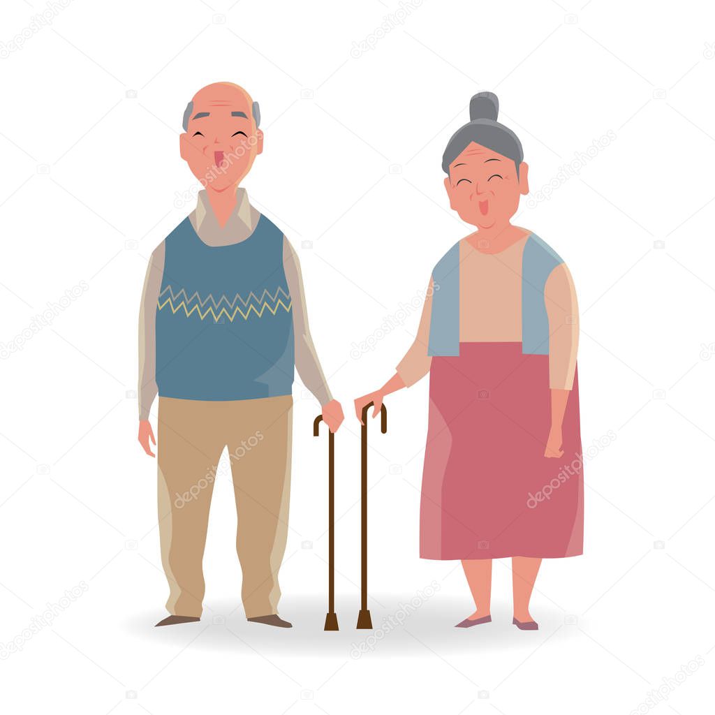 Full length portrait of senior couple with a walking cane smiling isolated on white background.