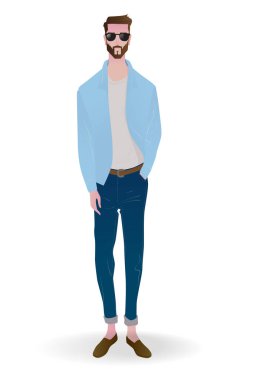 Beyaz arka plan altında rahat kıyafetler erkekte vektör Illustration. Çizgi film gerçekçi insanlar esnaf. Düz genç adam.