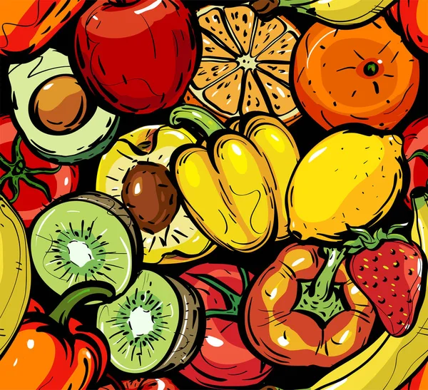 Pettern 不同水果和蔬菜的健康食品背景 矢量插画 — 图库矢量图片