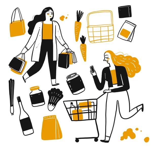 Der Zeichnungscharakter der Menschen beim Einkaufen. — Stockvektor
